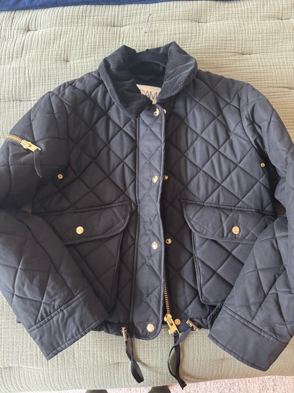 SAM. Quilted Puffer Jacket in Black with Gold Hardware and Corduroy Trim